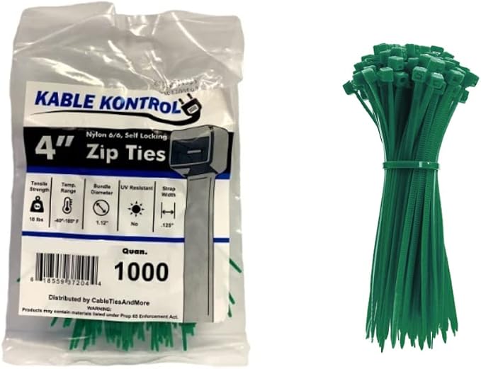 Kable Kontrol Cable Zip Ties, 4 Inch, 1000 Pcs, 18lbs Test, Green | Nylon Plastic, Self Locking, UL Listed, Indoor Use
