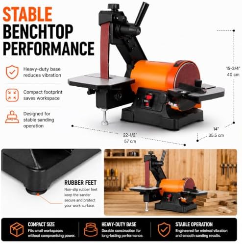 1x30 Inch Bench Belt Disc Sander, Benchtop Belt Sander with 5 Inch Disc, Adjustable Work Table, Quick Release Belt Change, Dual Dust Ports & Miter Gauge for Woodworking Metal Sanding