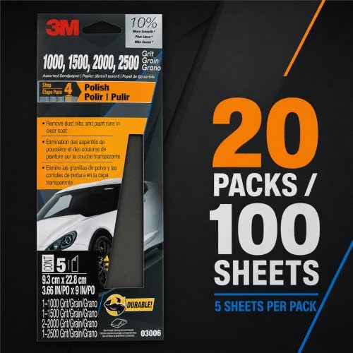 3M Wetordry Sandpaper 03006, 1000-2500 Assorted Grit, 20 Pack, 100 Sheets