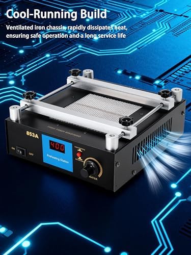 853A BGA Rework Station Preheating Oven Hot Plate, 110 V 450 W, Digital PCB Preheater Welder Soldering 50–400 °C, Anti-Static Work Surface, PID Constant-Temp Control with Hot Air Gun Holder