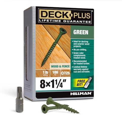 Deck Plus 1-1/4 Inch Epoxy Coated Exterior Wood and Fence Screws #8 x 1-1/4" Torx/Star Drive Included Coarse Thread, Outdoor Rust Resistant Decking Screw, Green, 1lb Box, 186 Pieces | 48396