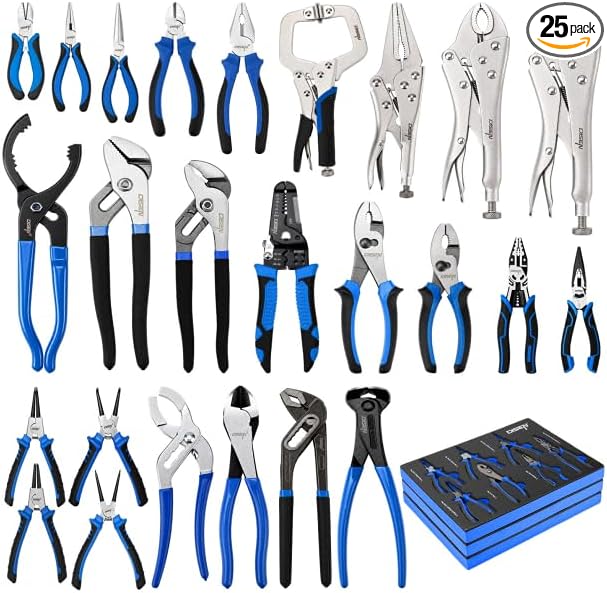 DISEN Pliers Set, 25-Piece Full Assortment of Plier with EVA Storage, Versatile Pliers Tool Set Includes Groove Joint, Needle Nose, Slip Joint, Diagonal, Locking, Wire Stripper, Circlip, and C-Clamp