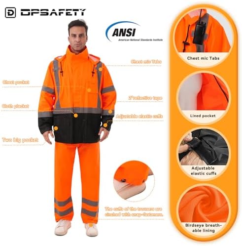Hi Vis Safety rain Jacket，Reflective Class 3 Rain coat with Inner Mesh Lining and Pockets High Visibility Waterproof work Rain Suits for men&women（Tangerine,4XL/5XL）