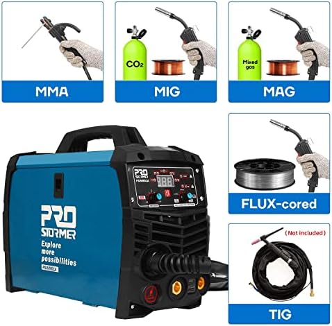 Prostormer Welding Machine, MIG/TIG/MMA 3 in 1 Multifunctional Welder with Digital Display, Electrode Holder, Earth Clamp, Input Power Adapter Cable and Brush