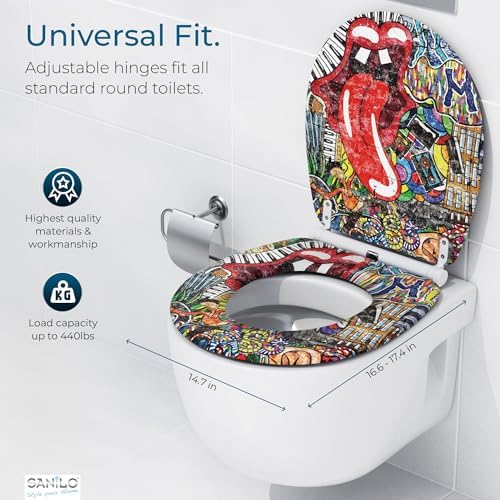 Sanilo Wooden Toilet Seat with Quick Release & Soft Close [ROUND] - Decorative & Slow Close Molded Wood Seat - With One Click for Easy Installation & Cleaning - With Adjustable Fit (Graffiti)