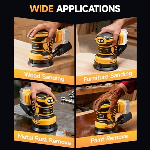 Cordless Sander Compatible with DeWalt 20v Battery, Random Orbit Sanders Brushless Motor 5 Inch with 6 Variable Speed 9700-19000RPM, 20PCS Sanding Discs & Dust Collector for Sanding (No Battery)