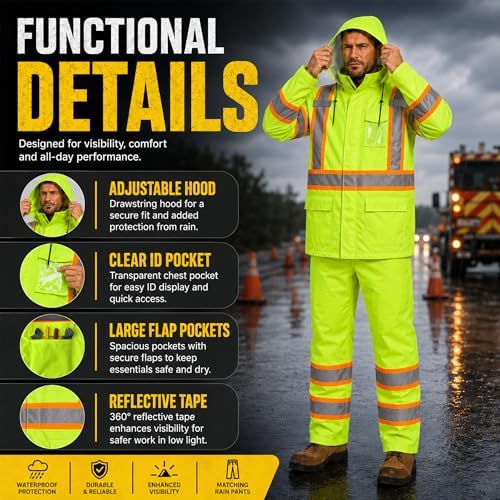FATONE Rain Suits for Men Waterproof Reflective High Visibility Rain Gear Mens Heavy Duty, Hi Vis Rain Jacket & Pants with Inner Mesh Class 3 ANSI/ISEA Compliant, Lime 4XL/5XL