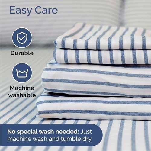 Cal King Size 4 Piece Sheet Set - Comfy Breathable & Cooling - Blue Stripes