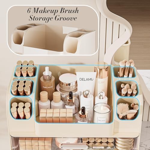 Delamu Large Makeup Organizer Countertop with 6 Brush Holders, Cream White