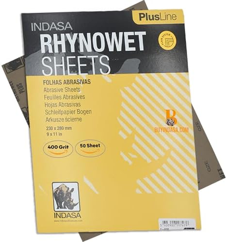 Indasa 50 PCS 9x11” Wet & Dry Sandpaper Sheets, 400 GRIT, Rhynowet Clog-Resistant Abrasive for Wood, Metal, Auto, Paint & Clear Coat Finishing, Sand Paper Aluminum Oxide, Plusline