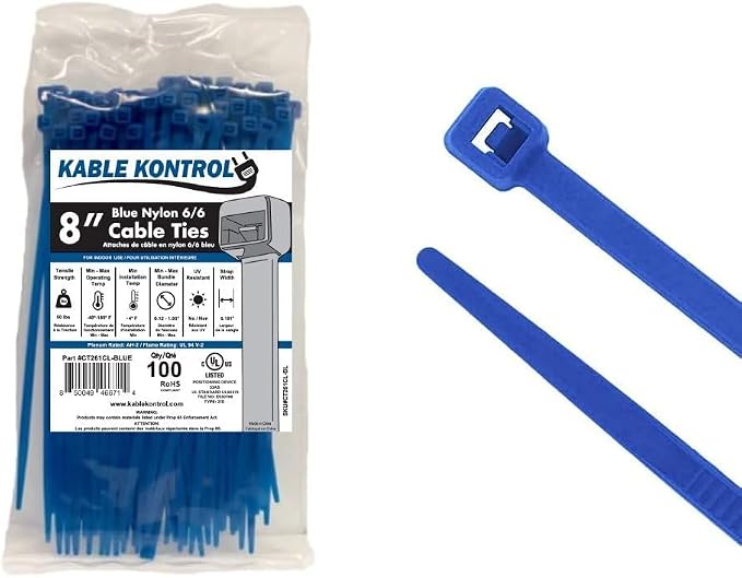 Kable Kontrol Blue Zip Ties 8 Inch 100 Pcs, 50 Lbs Tensile Strength, Self-locking Nylon Colored Cable Ties Wire Wraps for Indoor or Outdoor Use