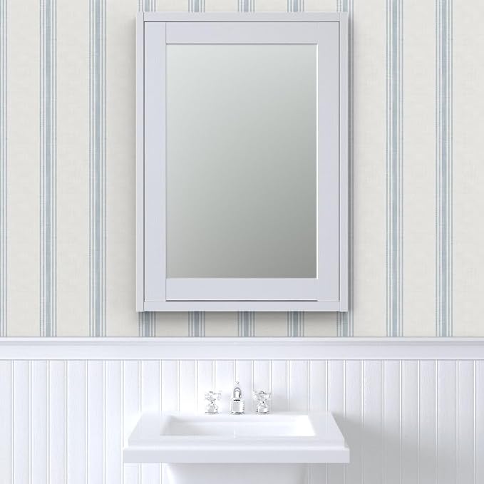 Spoonflower Blue Ticking Stripe Peel and Stick Wallpaper | Roll 24" x 108" | Neutral Cottage Simple Traditional | Self-adhesive, removable and renter-friendly
