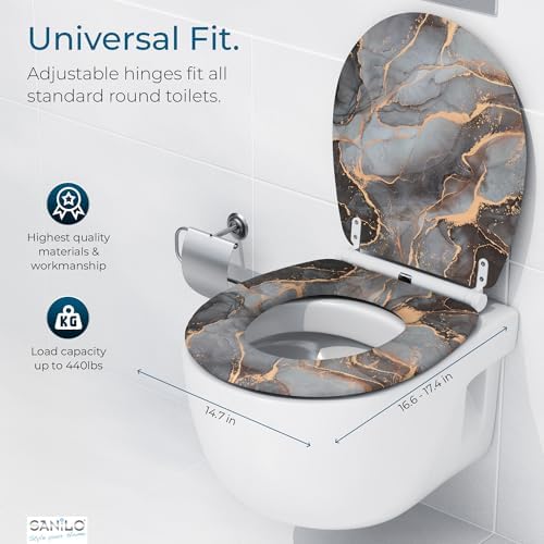 Sanilo Wooden Toilet Seat with Quick Release & Soft Close [ROUND] - Decorative & Slow Close Molded Wood Seat - With One Click for Easy Installation & Cleaning - With Adjustable Fit (Marble Abstract)