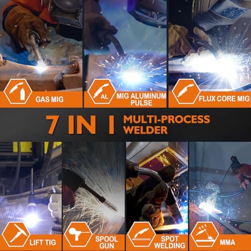 250A Aluminum Pulsed MIG Welder,7 in 1 Gas MIG/Pulse MIG/Flux Core/Stick/Lift TIG/Spot Welding/Spool Gun Compatible Aluminum Welding Machine LED Display 110V/220V Multiprocess Welder