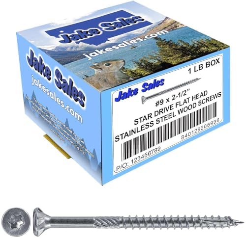 Jake Sales #9 x 2-1/2" Silver Star Stainless Steel Wood Screw Torx/Star Drive Head - Grade 300 Series Stainless Steel Torx/Star Drive Wood Screws - (1 Pound - 110 Approx. Screw Count)
