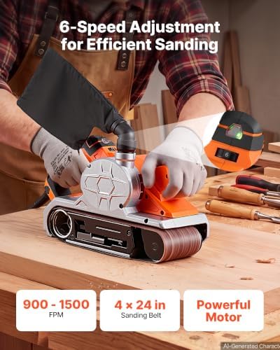 VEVOR 11.5A Belt Sander 4" x 24" Woodworking Belt Sander 6 Variable Speeds, 900-1550 FPM Sanding Machine with 10PCS Sanding Belts, 2 Dust Bags & 2-in-1 Vacuum Adapter for Woodworking Projects
