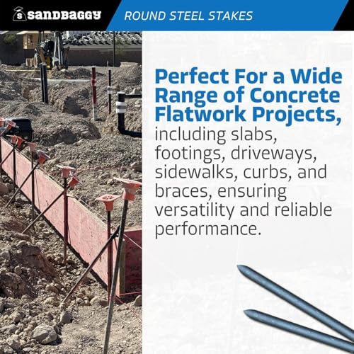 Sandbaggy 24 Inch Round Steel Concrete Form Stakes with Nail Holes, Heavy Duty Rust Resistant Form Pins for Concrete Forms, Slabs, Driveways, Sidewalks, Curbs & Footings, 5 Pack, 3/4 in x 24 in