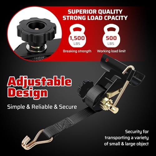 Black Rack Straps with J-Hook (2PK),1.5" x7.5' Ladder Rack Ratchet Straps, 2" Round Tube Mount, Perfect Ladder Rack Tie-Downs for Trailer Cargo Control