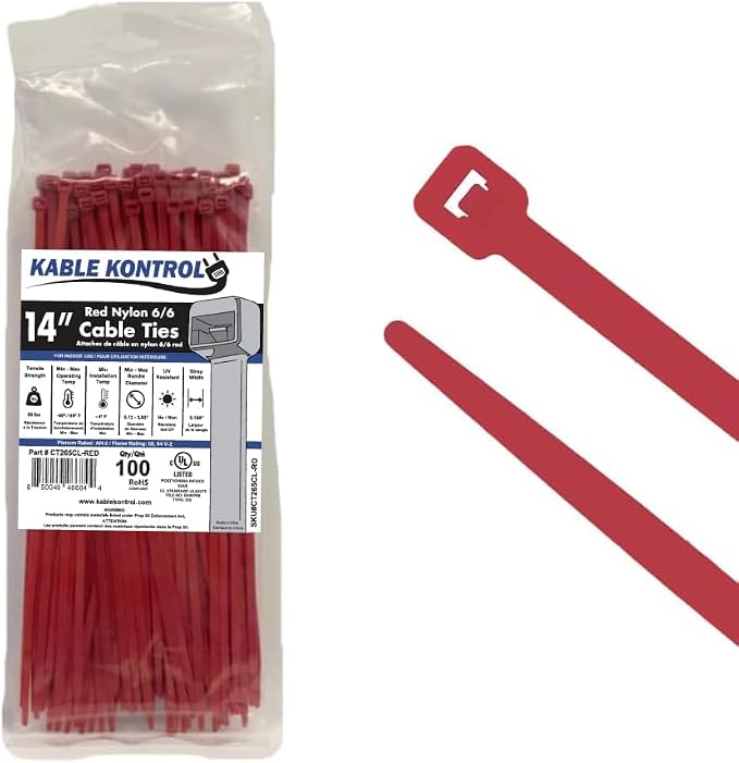 Kable Kontrol Cable Zip Ties, 14 Inch, 100 Pcs, 50lbs Test, Red | Nylon Plastic, Self Locking, UL Listed, Indoor Use
