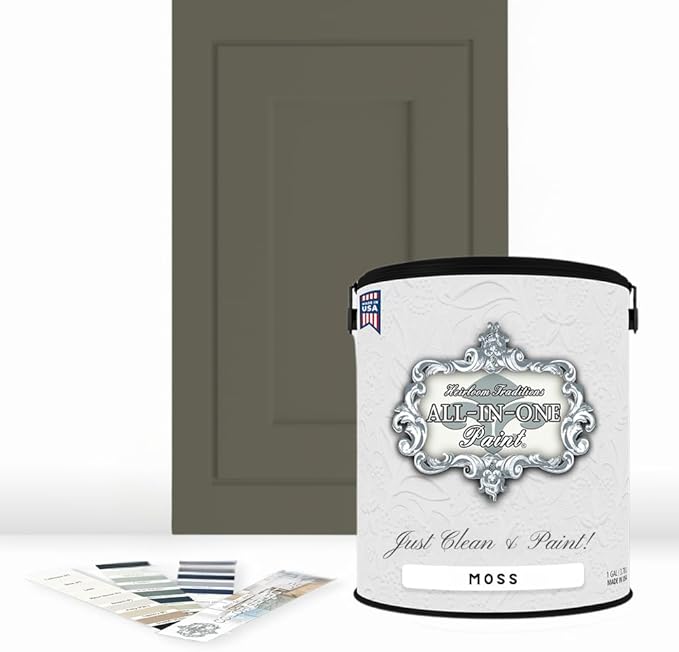 ALL-IN-ONE Paint by Heirloom Traditions, Moss (Earthy Olive Green), Gallon - Durable cabinet and furniture paint. Built in primer and top coat, no sanding needed. Includes our 30 featured color card.