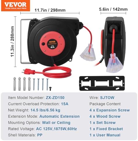 VEVOR Retractable Extension Cord Reel, 45 FT, Heavy Duty 12AWG/3C SJTOW Extension Power Cord with Lighted Triple Tap Outlet, 15A Circuit Breaker 180° Swivel Bracket for Ceiling or Wall Mount, Red
