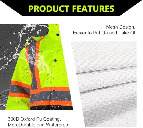 Class 3 High Visibility Rain Suit With Detachable Hood Waterproof Lime Reflective Safety Worker Jacket & Pants (S/M Yellow)