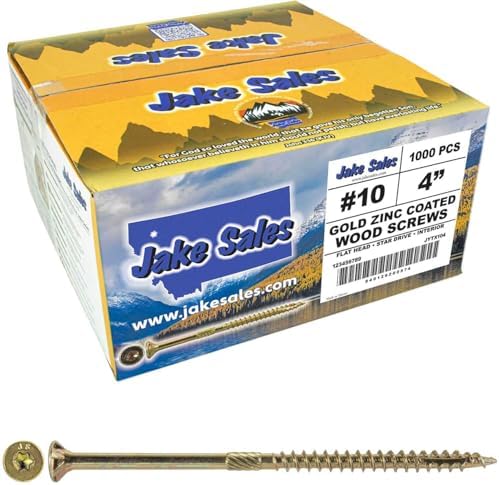 Jake Sales #10 X 4 Gold Star Wood Screw Torx/Star Drive Flat Head (Full Box - 1,000 Screw Count) - Multipurpose Torx/Star Drive Wood Screws