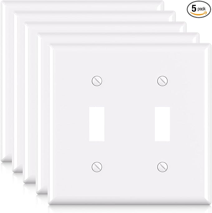 ELEGRP 2-Gang Toggle Switch Wall Plates, Standard Size 4.53" height x 4.57" length Unbreakable Thermoplastic Faceplate Cover for Toggle Dimmer Light Switches, UL Listed (5 Pack, Glossy White)