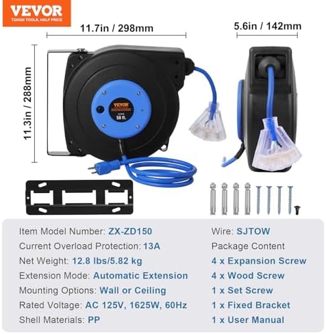 VEVOR Retractable Extension Cord Reel, 50 FT, Heavy Duty 14AWG/3C SJTOW Extension Power Cord with Lighted Triple Tap Outlet, 13A Circuit Breaker 180° Swivel Bracket for Ceiling or Wall Mount, Blue
