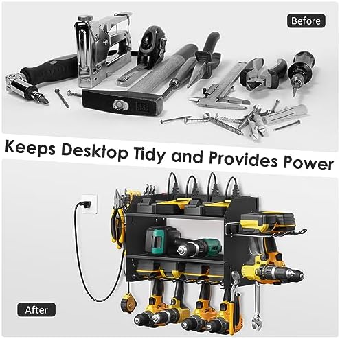 CCCEI Modular Power Tool Organizer Wall Mount Charging Station, Black 6 Drills Holder with 8 Plug Power Strip 10FT, Garage Drill Battery Heavy Duty Metal Shelf, Utility Rack with Hooks, Side Storage.