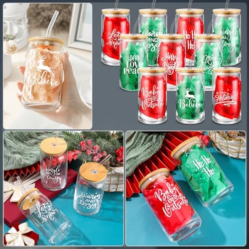 21 Pcs Christmas Glass Cups with Lids Straws 1 Set(20sheet) Gift Paper