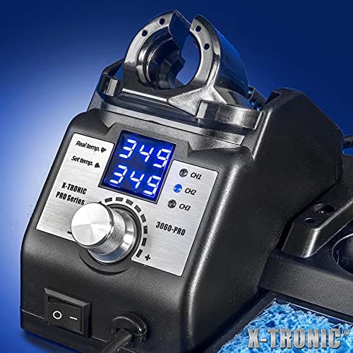 X-Tronic 3060-PRO - 75 Watt Soldering Iron Station with Mini Mag Lamp & 4 Helping Hands - 2 Digital LED Displays, 3 Temp Presets, Sleep Func, C/F Func, Brass Sponge w/Flux & Wet Sponge