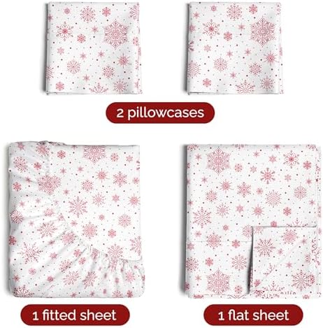 Christmas Sheet Set, Red Snowflakes, Holiday Xmas Bedding Set - Queen Size