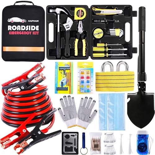 HAIPHAIK Car Emergency Kit with 11.8ft Jumper Cables, Roadside Safety Kit