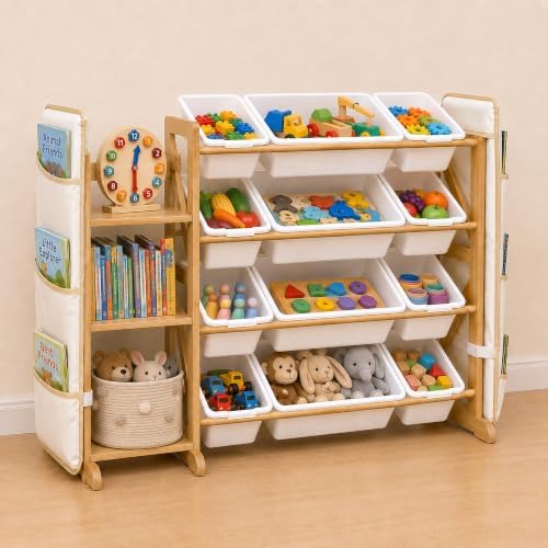 Toy Storage Organizer for Kids, 12 Bins, Bookshelf & Hanging Book Pocket