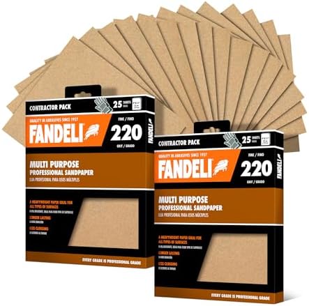 Fandeli Multi-Purpose Sandpaper - 220 Grit, 50 Sheets of 9'' x 11'', Ideal for Metal and Wood, Hand Sanding and Orbital Sanders