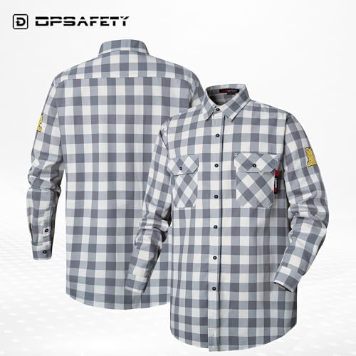 FR Shirts for Men 7oz Fire Resistant Shirts CAT2 Welding Shirt 100% Cotton Flame Resistant Shirt Grey/Plaid(X-Large)