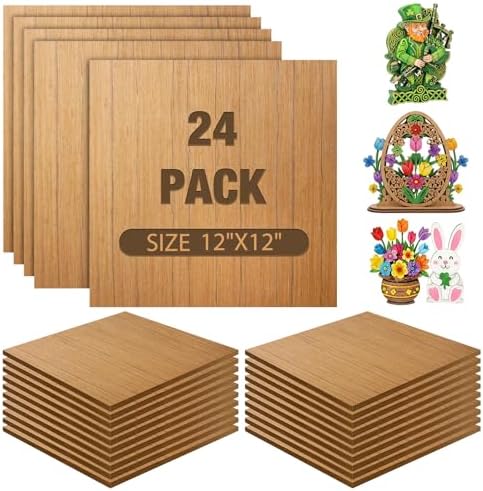 24 Pcs Teak Wood Color Wood Plywood Board for Laser Cutting, 12 x 12 Inch