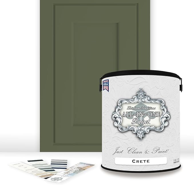 ALL-IN-ONE Paint by Heirloom Traditions, Crete (Olive Green), Gallon - Durable cabinet and furniture paint. Built in primer and top coat, no sanding needed. Includes our 30 featured color card.