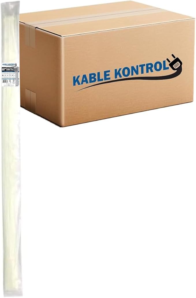 Kable Kontrol Cable Zip Ties, 60 Inch 500 Pcs HD 175lbs Test, Natural White | Nylon Plastic, Self Locking, UL Listed, Indoor Use