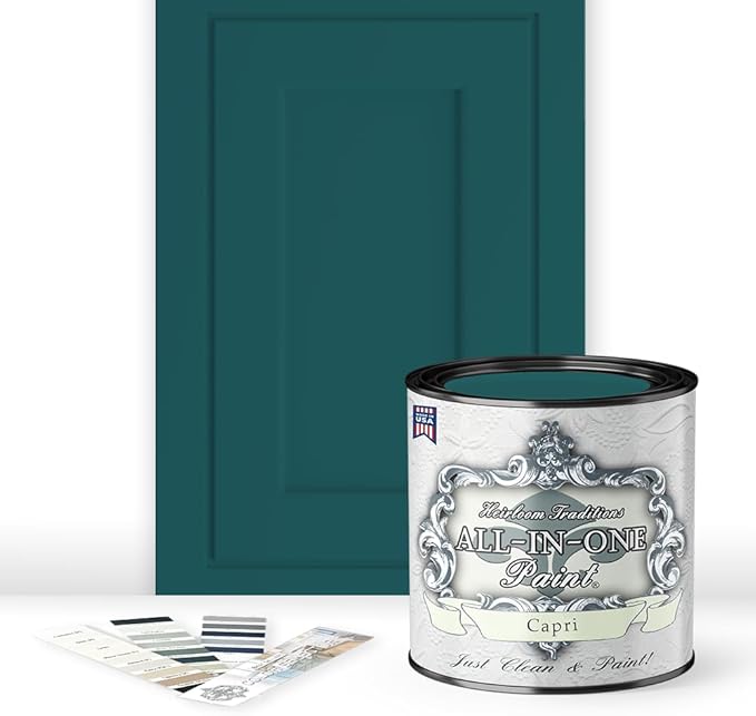 ALL-IN-ONE Paint by Heirloom Traditions, Capri (Green Teal), Quart - Durable cabinet and furniture paint. Built in primer and top coat, no sanding needed. Includes our 30 featured color card.