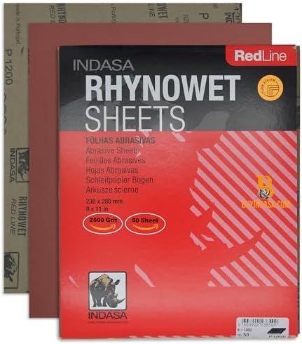 INDASA Rhynowet Red Line Wet Dry Sanding Sheets 9 x 11 Inch 2500 Grit Waterproof Latex Backing Abrasive Paper for Wood Metal Automotive Surface Prep Pack of 50