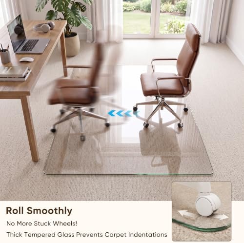 Antok Tempered Glass Chair Mat, 48"x72" Office Chair Mat for Carpet & Hardwood Floors, Heavy Duty 1/5" Desk Chair Mat for Smooth Rolling at Home or Office