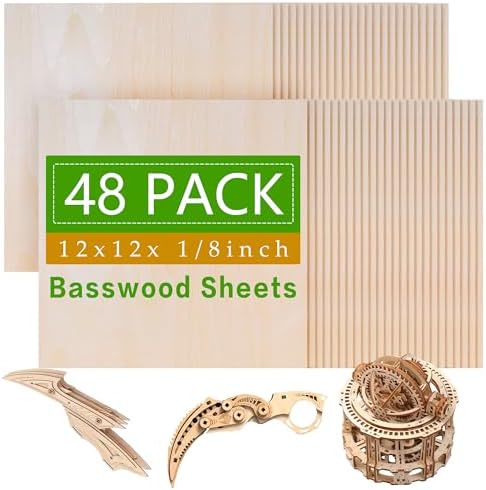 48 Pack Basswood Sheets,12 x 12 x 1/8 Inch,3mm Basswood Plywood Sheets with Smooth Surfaces, Unfinished Wood for Laser Cutting, Wood Burning,Drawing, Architectural Models and DIY Wood Crafts(48)