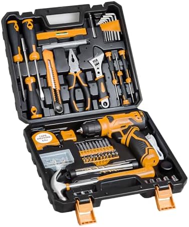 Tool Set - Tool Kit with 8V Cordless Drill, 132 Piece Tool Box with Drill, Home Tool Kits for Men & Women, Hand Drill Set Perfect for Homeowner, Diyer, Handyman-Yellow