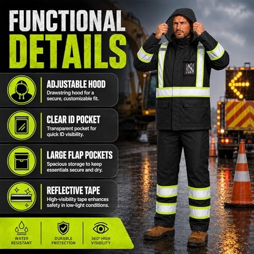 FATONE Rain Suits for Men Waterproof Reflective High Visibility Rain Gear Mens Heavy Duty, Hi Vis Rain Jacket & Pants with Black Bottom Class 3 ANSI/ISEA Compliant, Black S/M