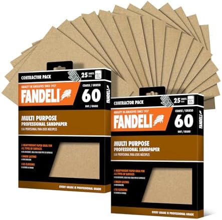 Fandeli Multi-Purpose Sandpaper - 60 Grit, 50 Sheets of 9'' x 11'' - Ideal for Metal, Wood & Wall Sanding - Compatible with Orbital Sanders