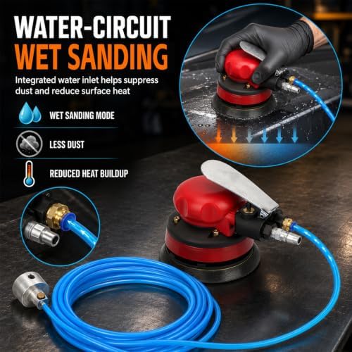 5“ Pneumatic Random Orbital Sander Kit, Air Water Polisher with 18.0ft Water Pipe, 1/4” Air Inlet