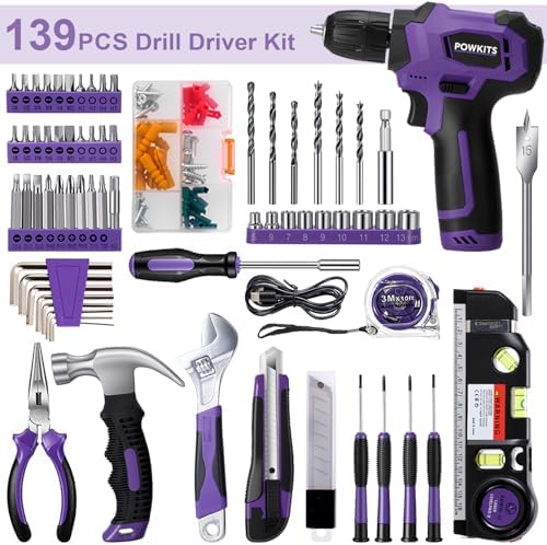 8V Purple Cordless Drill Set for Women, Starter Tool Kit with Drill