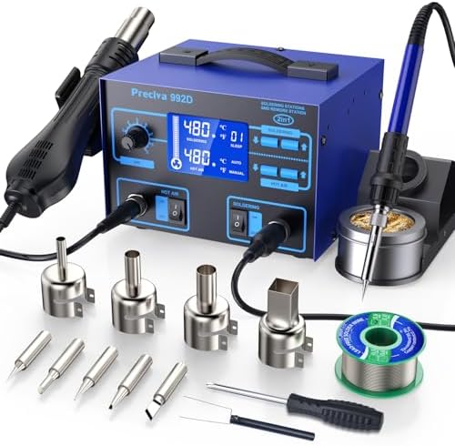 Preciva 992D 2-in-1 Soldering & Hot Air Rework Station with LCD Display – PID Temperature Control, Auto/Manual Hot Air Mode, Sleep Function for Iron, SMD Rework, Electronics Repair (750W)